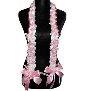 Pink and White Graduation Lei with Butterflies